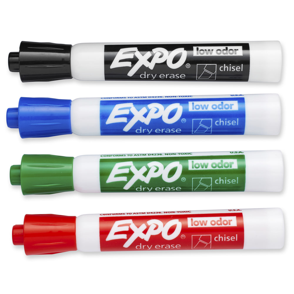 EXPO Low-Odor Dry-Erase Markers, Chisel Point, Assorted Colors, Pack Of 4