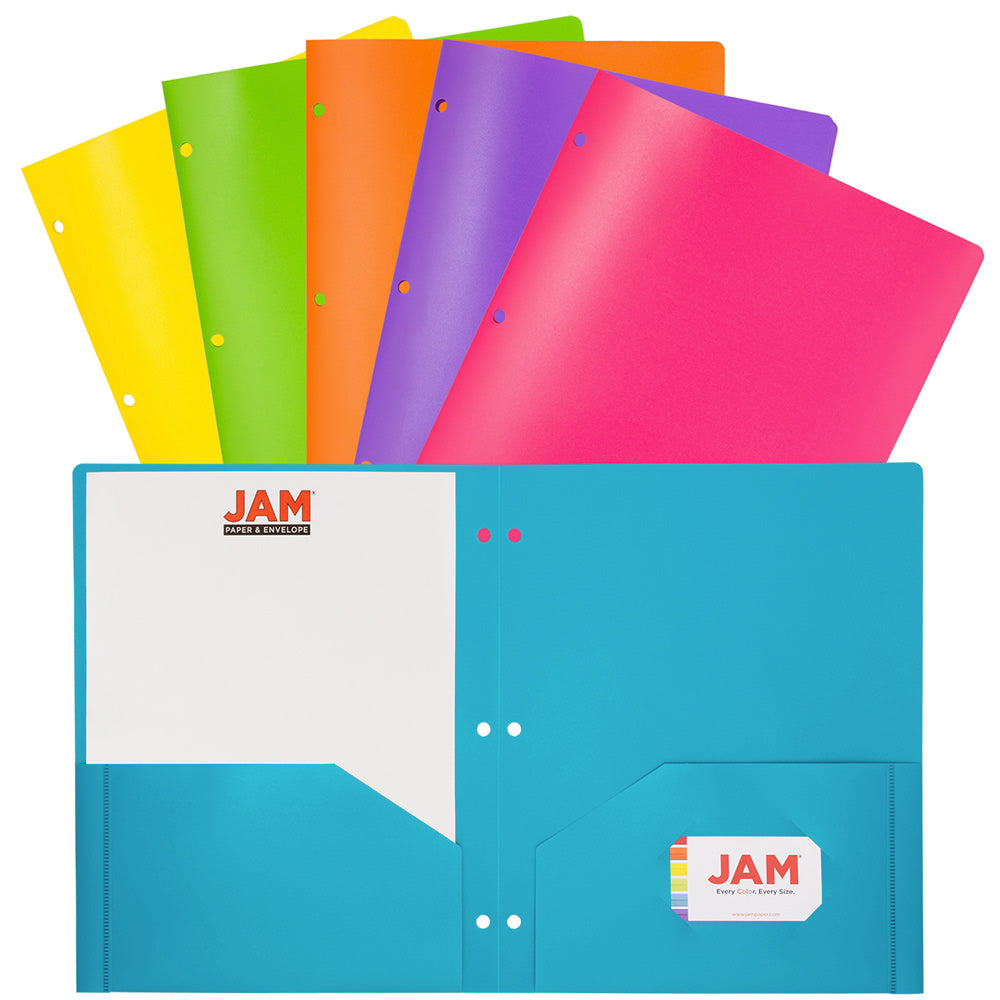 JAM Paper POP Plastic 3-Hole Punched 2-Pocket School Folders, 9-1/2in x 11-1/2in, Assorted Fashion, Pack Of 6 Folders