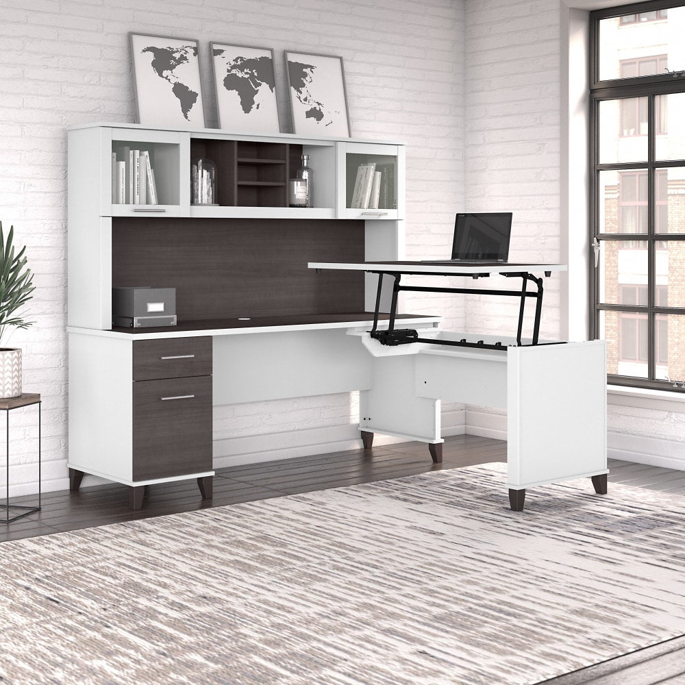 Bush Furniture Somerset 72inW 3-Position Sit-to-Stand L-Shaped Desk With Hutch, Storm Gray/White, Standard Delivery