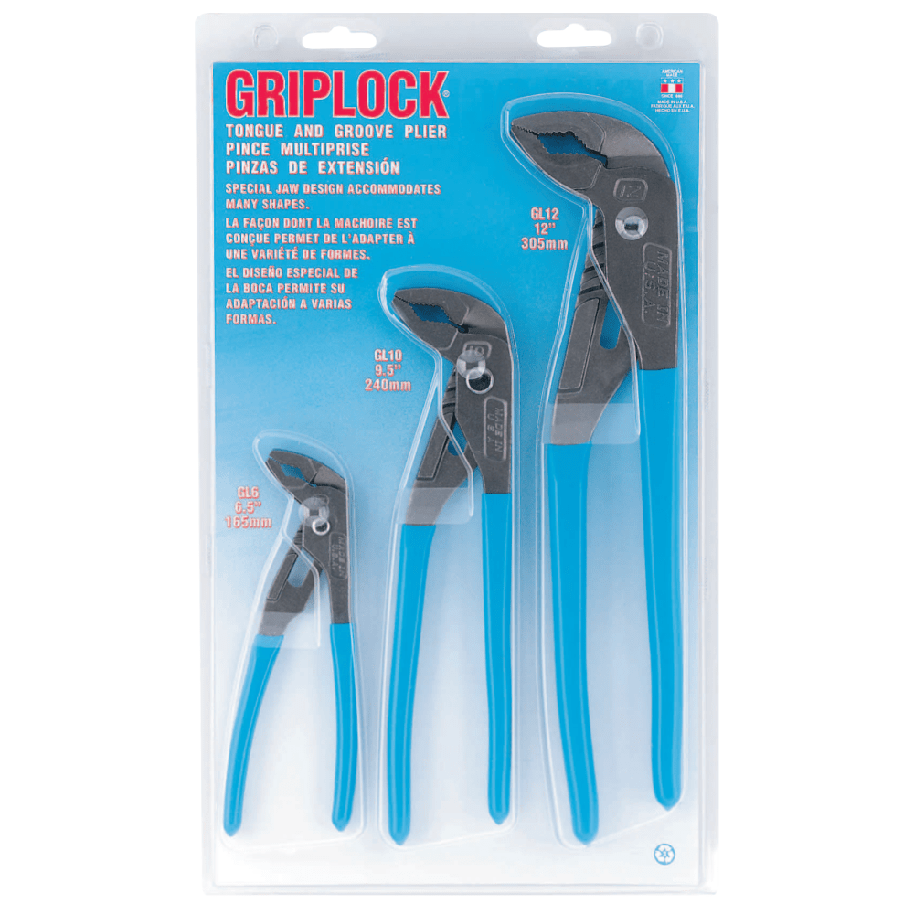 Griplock Tongue and Groove Plier Set, 6 in, 10 in and 12 in Lengths, Hex Jaw