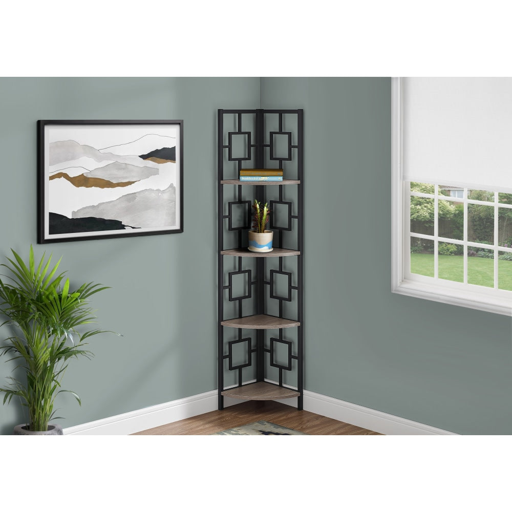 Monarch Specialties Astrid 62inH 4-Shelf Corner Bookcase, Dark Taupe/Black