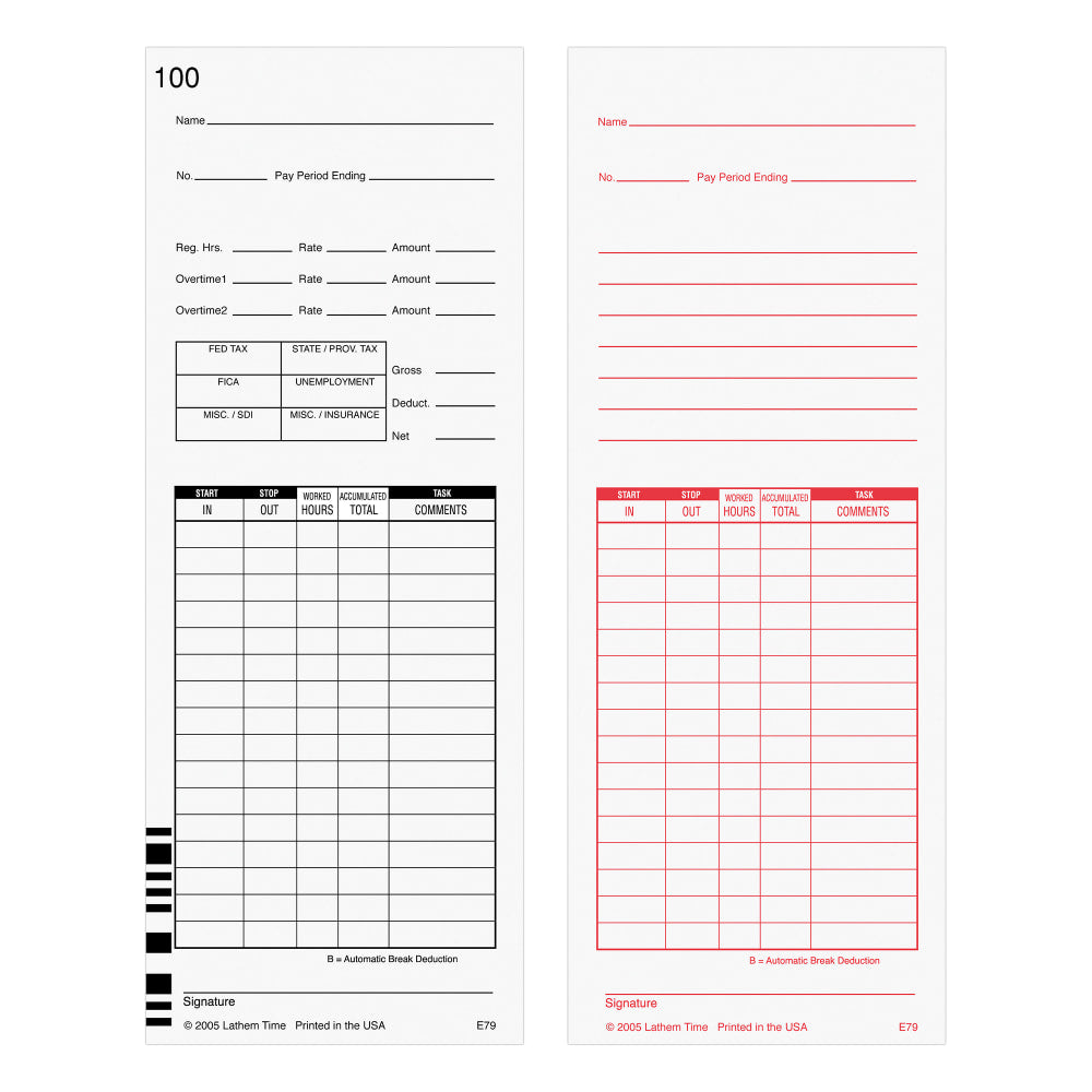 Lathem Time Cards, F/7000E, Numbered 1-100, 2-Sided, 3 3/8in x 9in, White, Pack Of 100