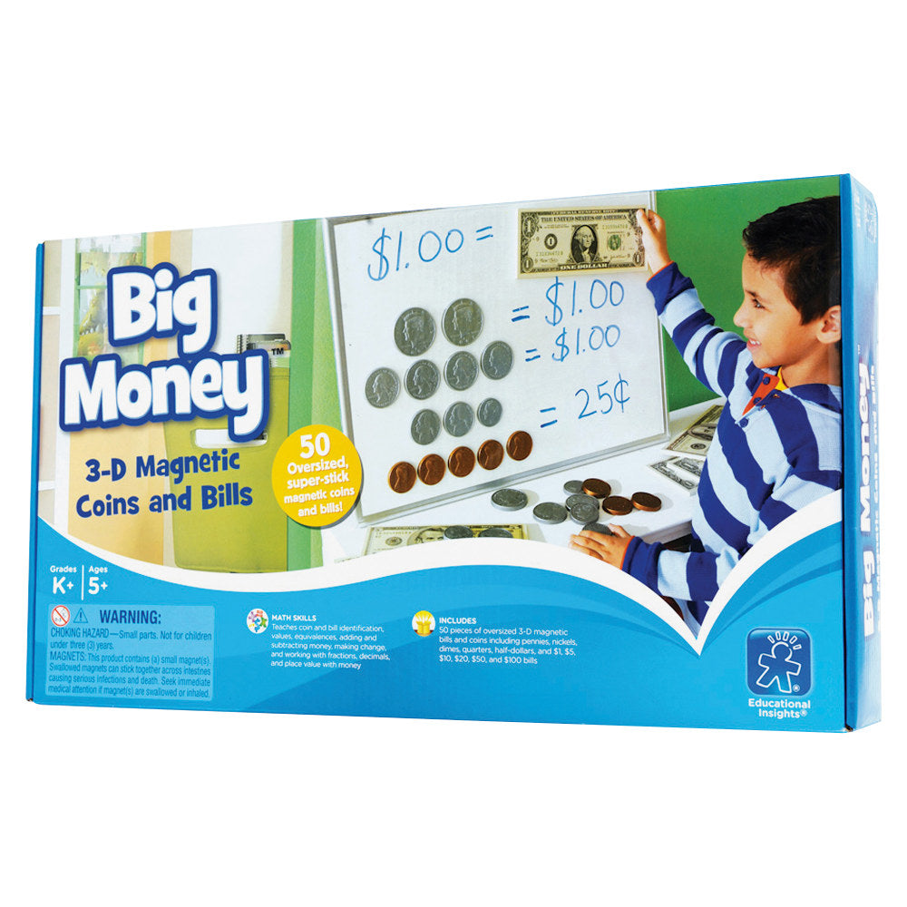 Educational Insights Big Money Magnetic Coins And Bills, 16inH x 9inW x 2 1/2inD, Kindergarten - Grade 5, Pack Of 50