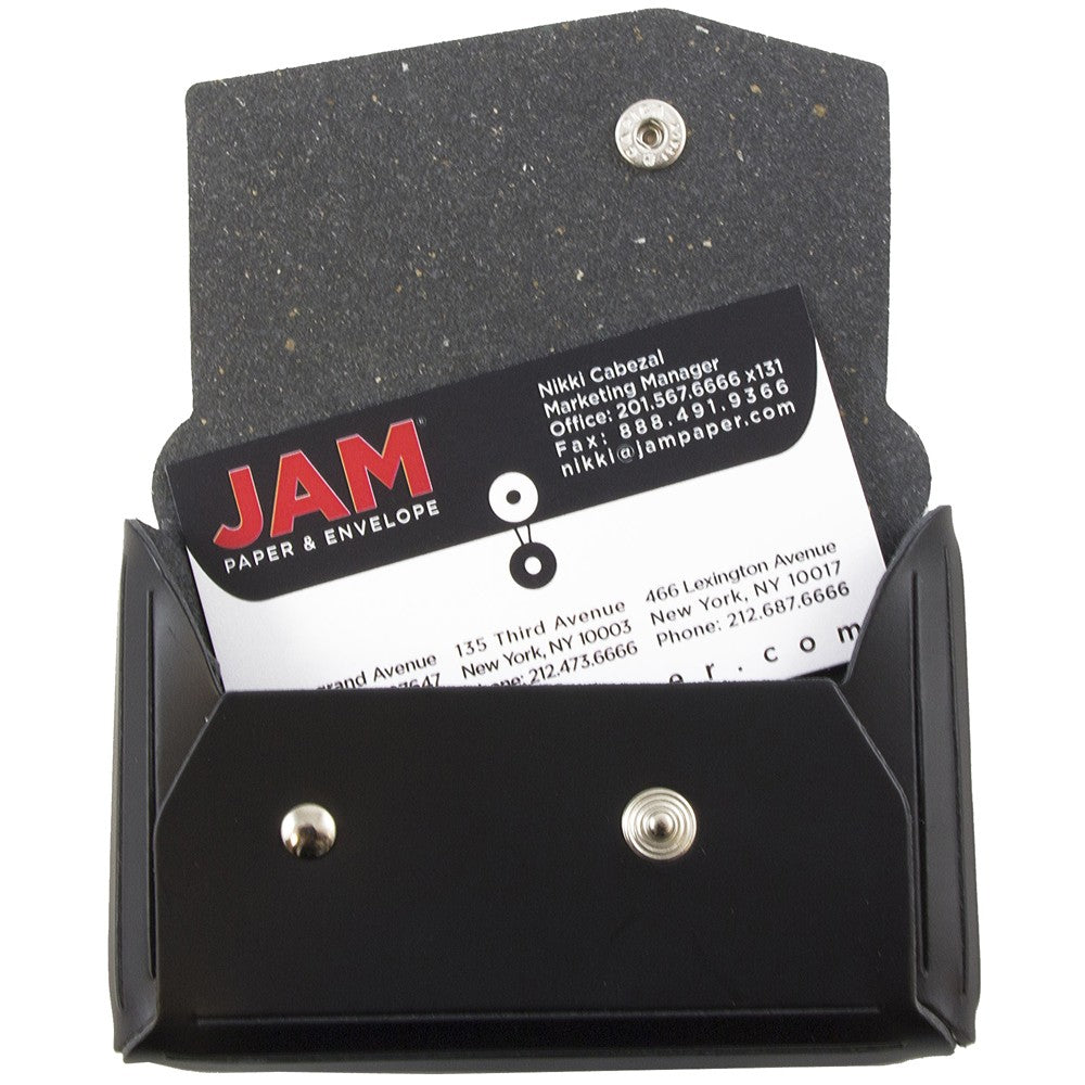 JAM Paper Leather Business Card Case, Angular Flap, 2 1/2in x 4in x 3/4in, Black