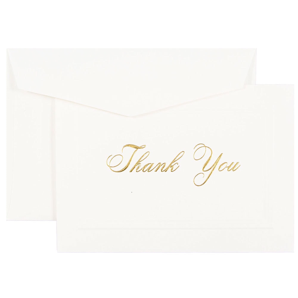 JAM Paper Thank You Card Set, 4 7/8in x 3 3/8in, 80 Lb, Bright White/Gold Script, Set Of 104 Cards And 100 Envelopes