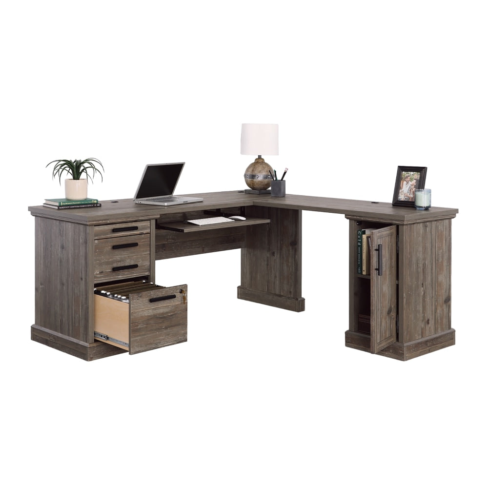 Sauder Aspen Post 66inW L-Computer Desk With Filing Drawer And Keyboard Shelf, Pebble Pine