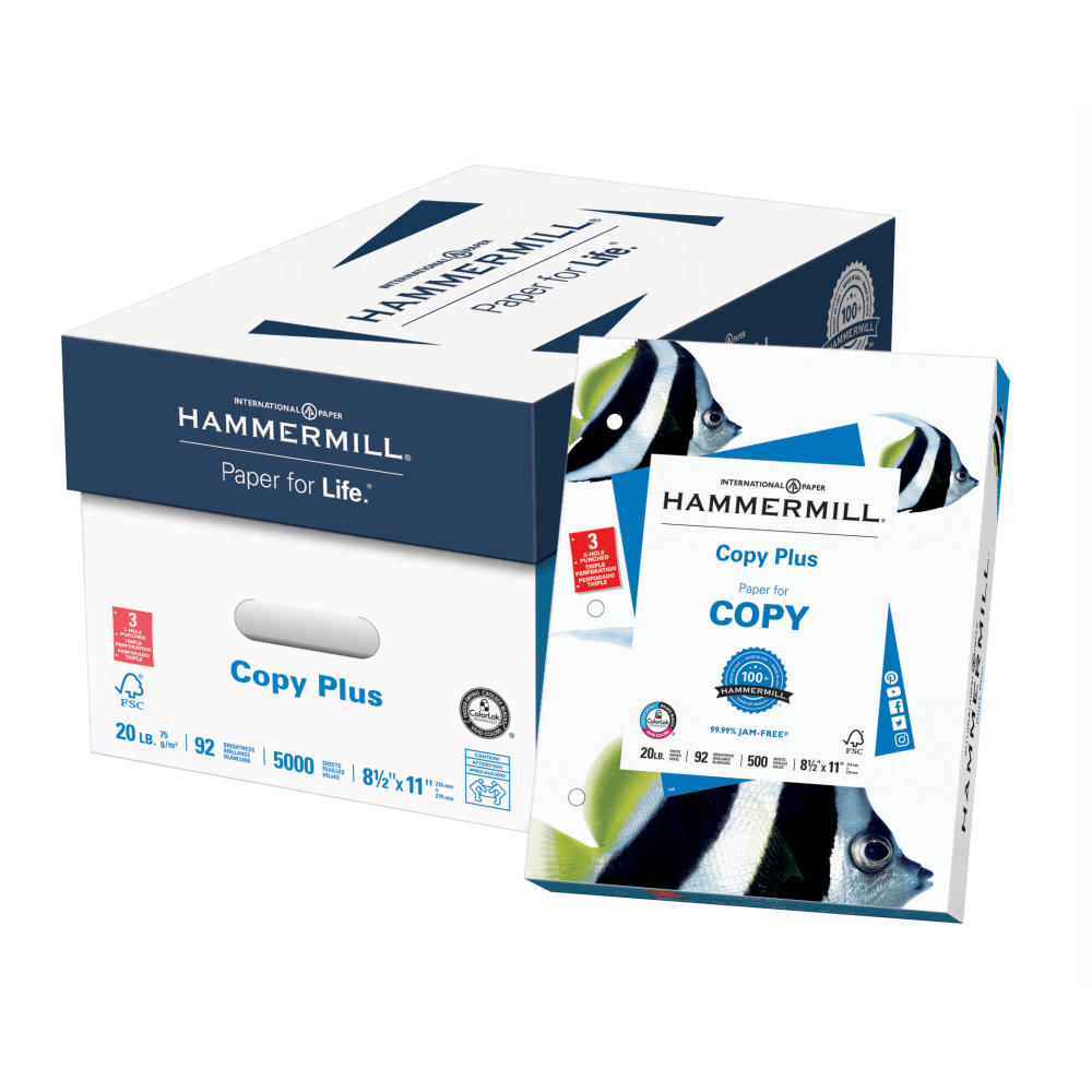 Hammermill 3-Hole Punched Multi-Use Printer & Copy Paper, White, Letter (8.5in x 11in), 5000 Sheets Per Case, 20 Lb, 92 Brightness, Case Of 10 Reams