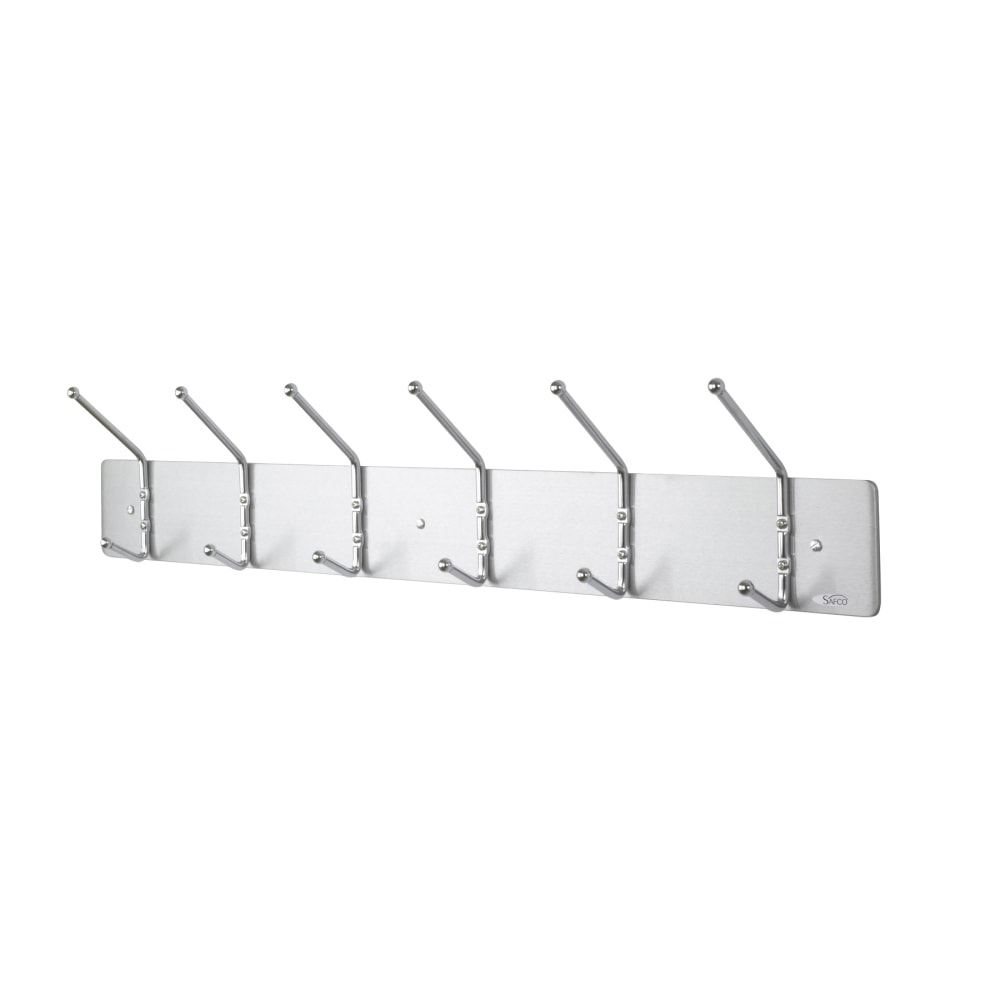 Safco Metal Wall Rack Coat Hooks, 6 Hooks, 6 3/4inH x 36inW x 3 3/4inD, Satin Aluminum