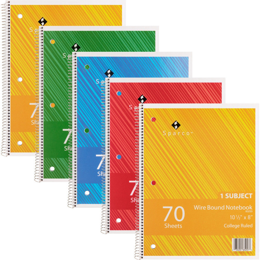 Sparco Wire-Bound Notebooks, 8in x 10.5in, College Ruled, 70 Sheets, Assorted, Pack Of 5