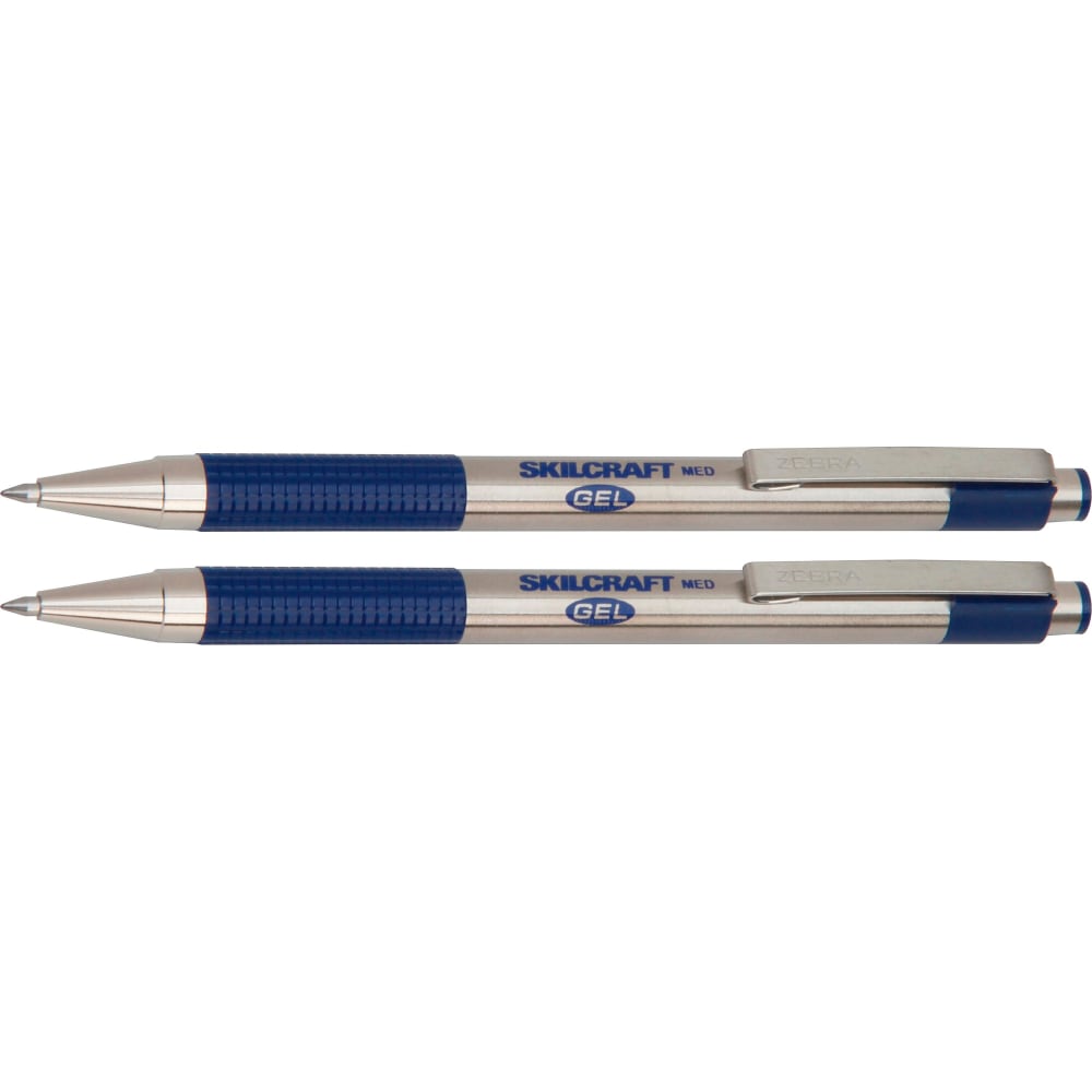 SKILCRAFT Retractable Gel Pens, Medium Point, 0.7 mm, Stainless-Steel Barrels/Blue Ink, Pack Of 2 Pens