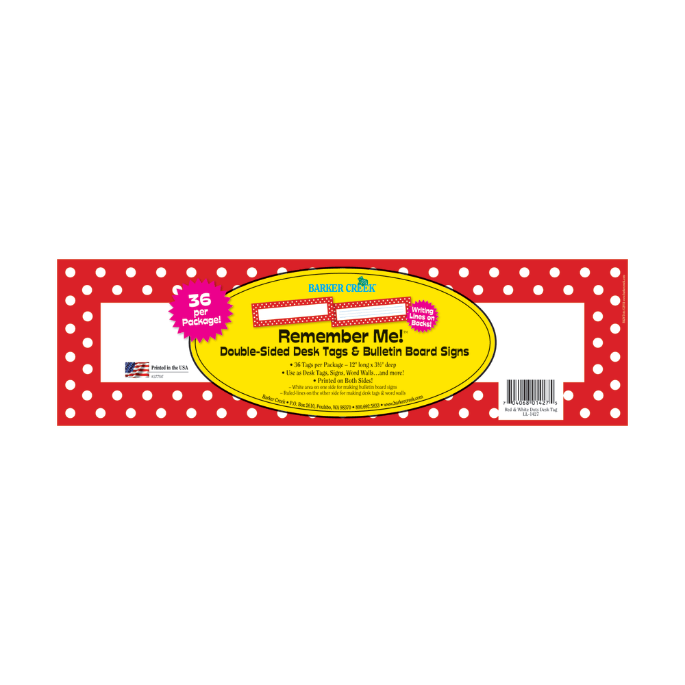 Barker Creek Double-Sided Desk Tags/Bulletin Board Signs, 3 1/2in x 12in, Red-And-White Dot, Pre-K To 6th Grade, Pack Of 36