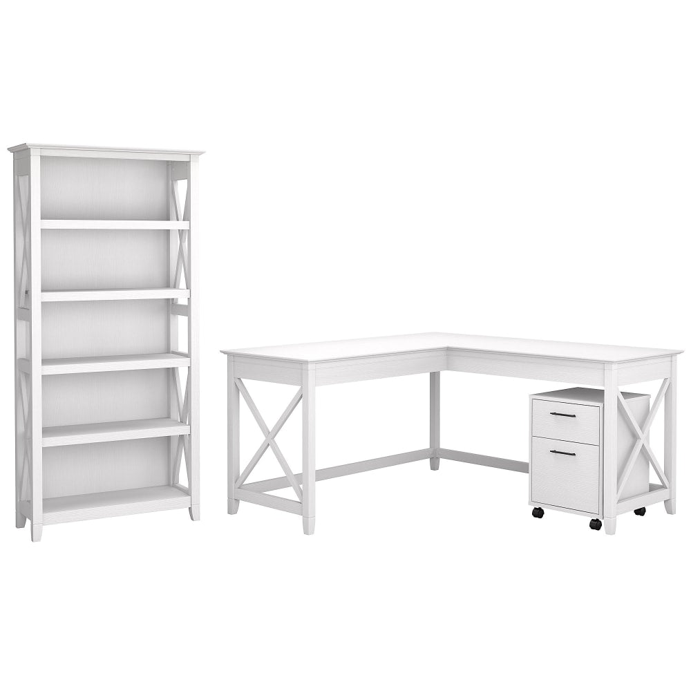 Bush Business Furniture Key West 60inW L-Shaped Corner Desk With Mobile File Cabinet And 5-Shelf Bookcase, Pure White Oak, Standard Delivery