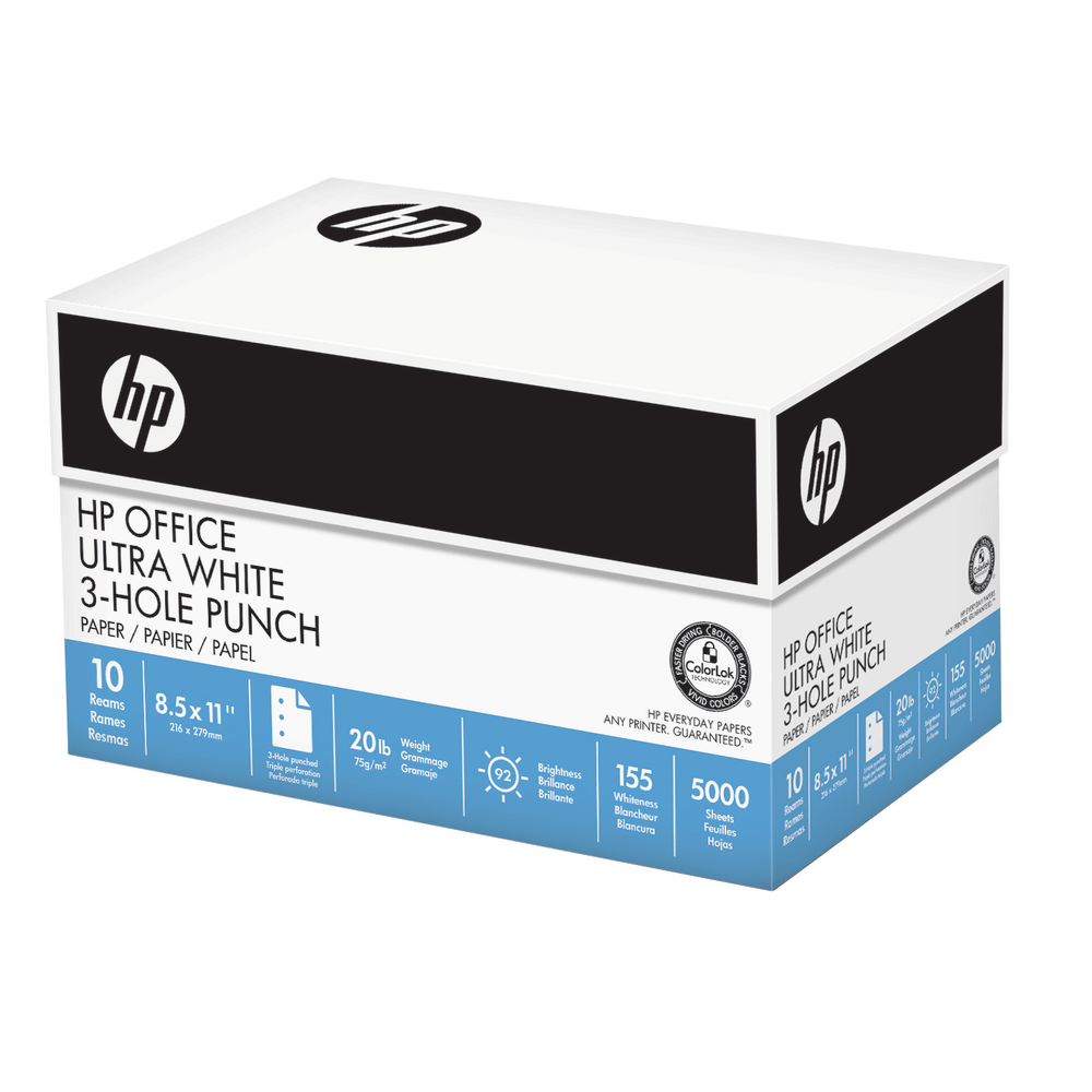 HP Office 3-Hole Punched Multi-Use Printer & Copy Paper, Ultra White, Letter (8.5in x 11in), 5000 Sheets Per Case, 20 Lb, 92 Brightness, Case Of 10 Reams