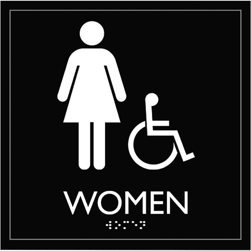 Lorell Womens Handicap Restroom Sign - 1 Each - womens restroom/wheelchair accessible Print/Message - 8in Width x 8in Height - Square Shape - Surface-mountable - Easy Readability, Injection-molded - Restroom, Architectural - Plastic - Black, Black