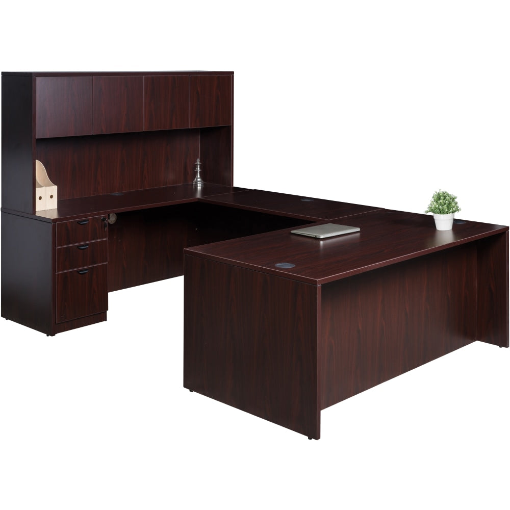 Boss Office Products Holland Series Executive U-Shaped Desk With File Storage Pedestal And Hutch, Mahogany