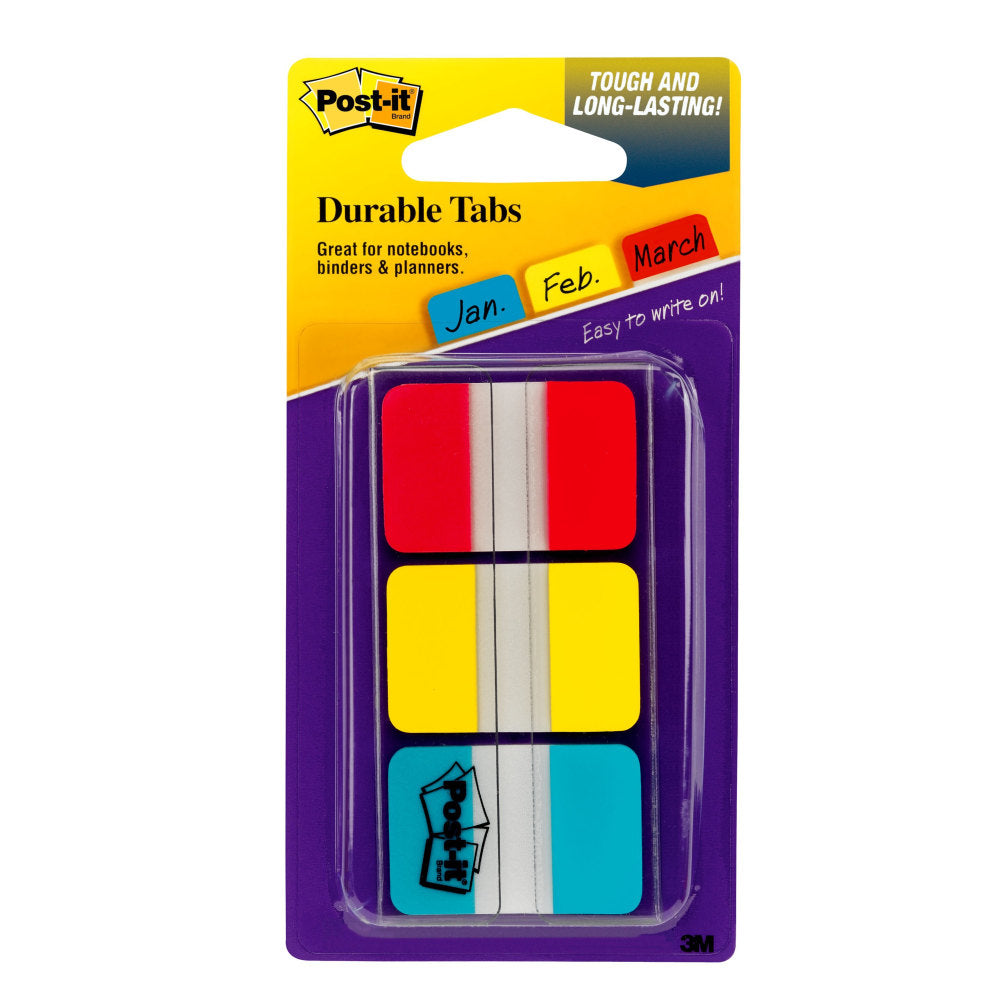 Post-it Notes Durable Filing Tabs, 1in x 1-1/2in, Blue/Red/Yellow, 22 Flags Per Pad, Pack Of 3 Pads