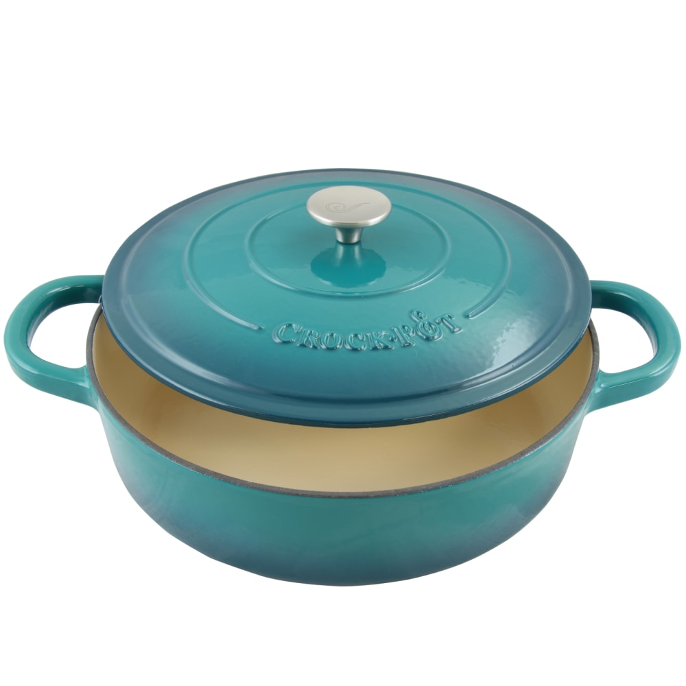 Crock-Pot Artisan Enameled Cast Iron Round Braiser Pan With Lid, 5 Qt, Teal Ombre