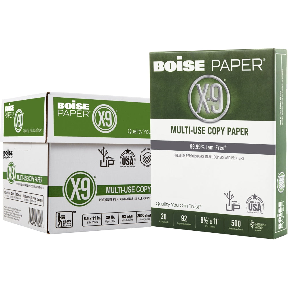 Boise X-9 Multi-Use Printer & Copy Paper, White, Letter (8.5in x 11in), 2500 Sheets Per Case, 20 Lb, 92 Brightness, Case Of 5 Reams