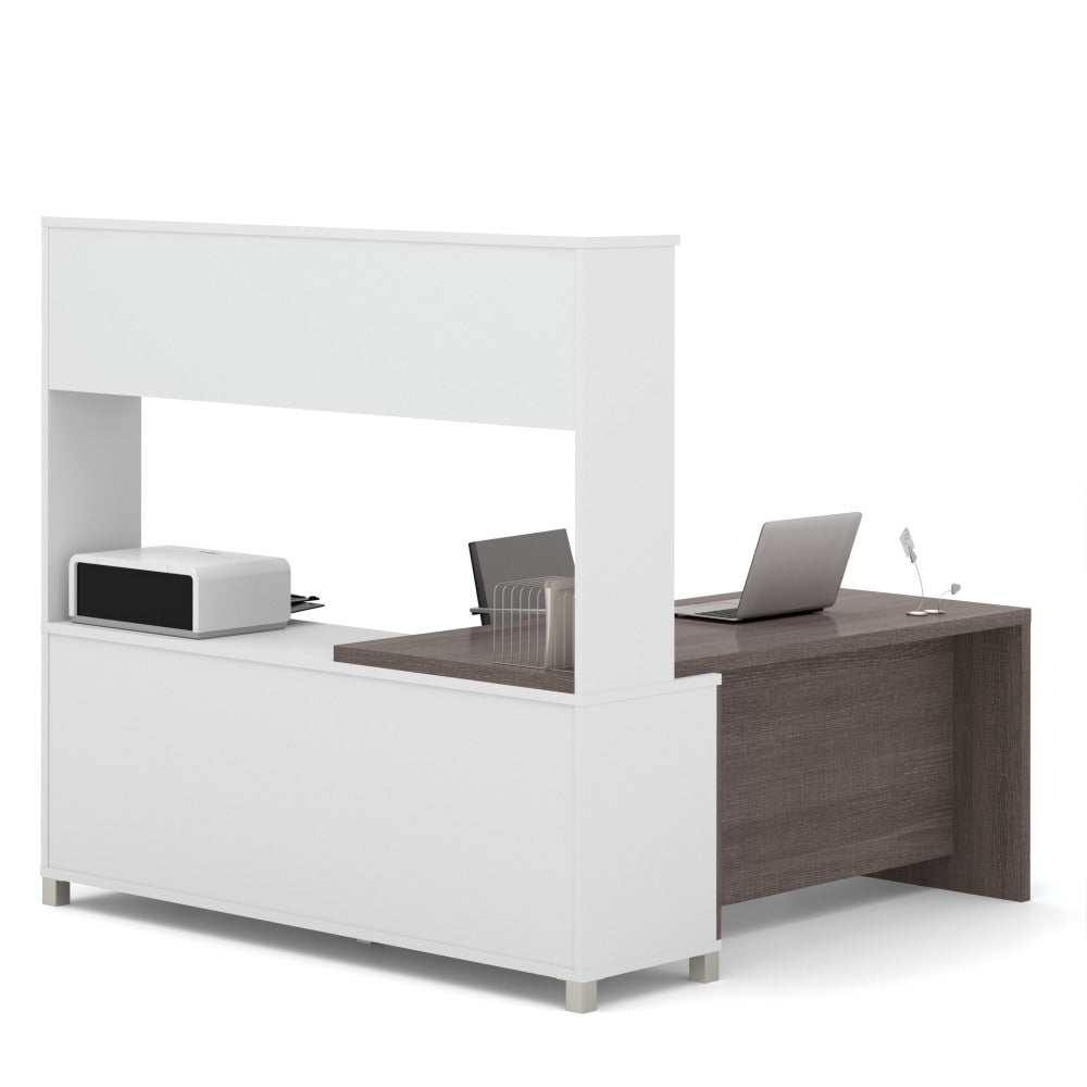 Bestar Pro-Linea 72inW L-Shaped Corner Desk With Drawers And Hutch, Bark Gray