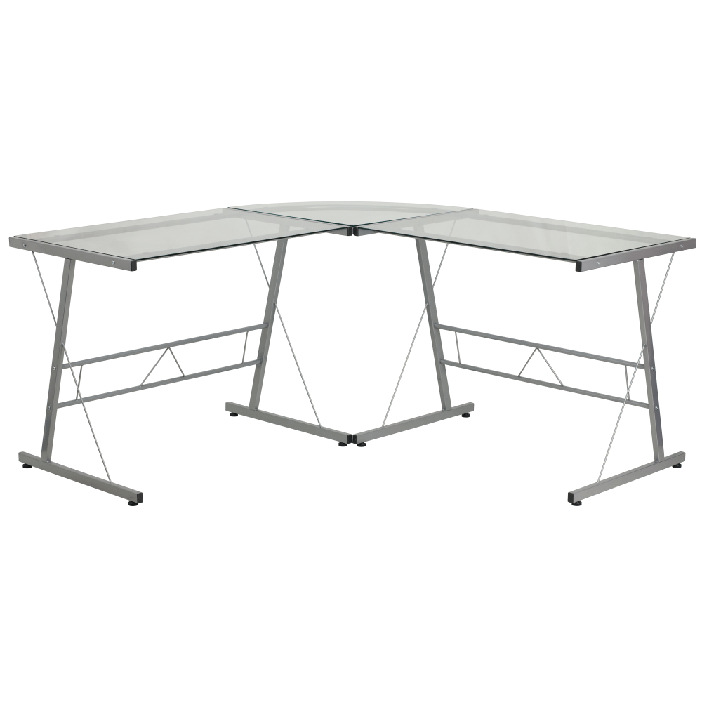 Flash Furniture 84inW Glass L-Shaped Corner Computer Desk With Metal Frame, Silver/Clear