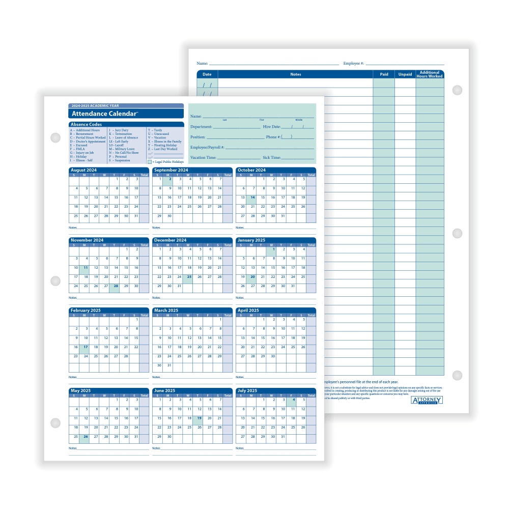 ComplyRight 2024-2025 Academic Attendance Calendar, 8 1/2in x 11in, Pack Of 50