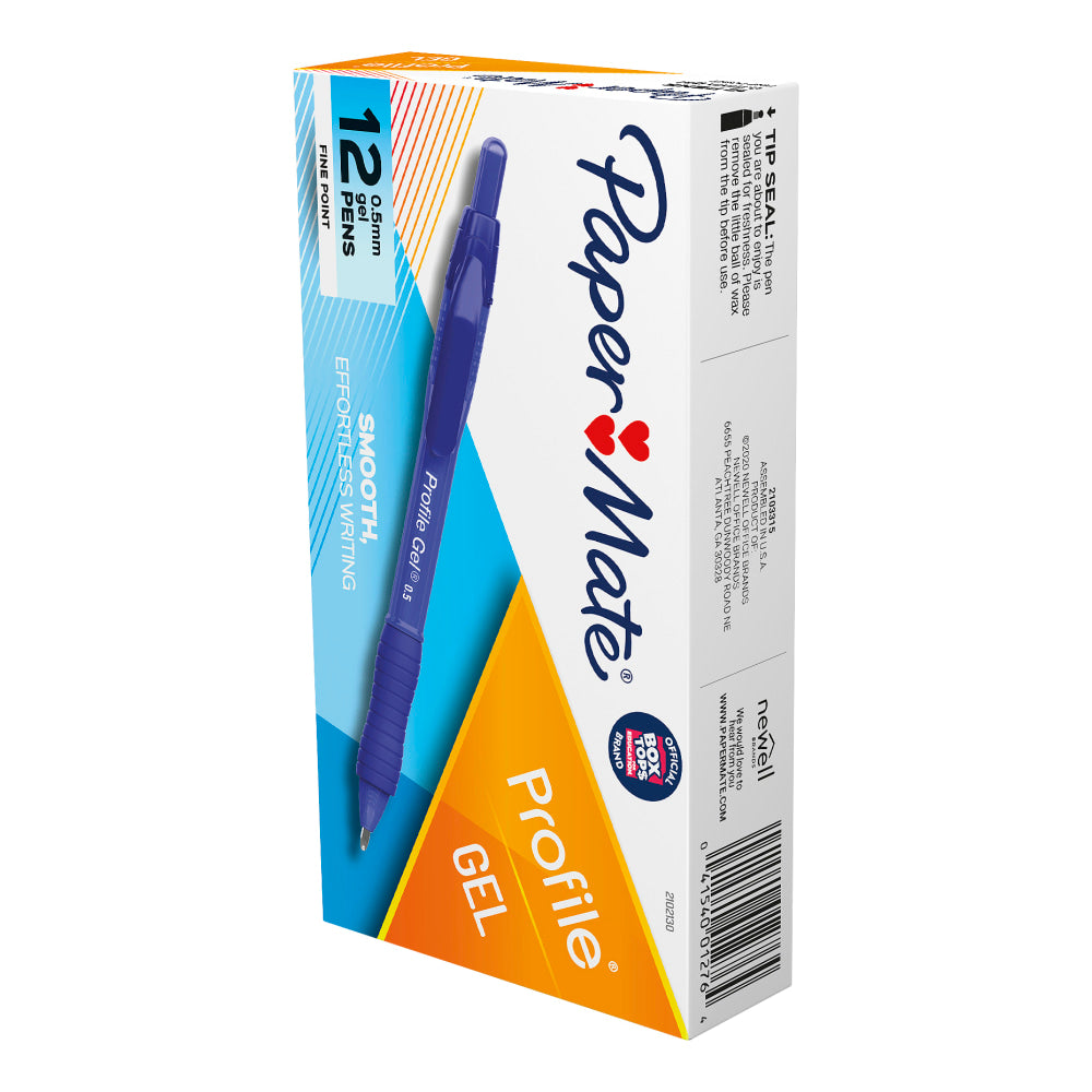 Paper Mate Profile Gel Retractable Pens, Fine Point, 0.5 mm, Blue Barrel, Blue Ink, Pack Of 12 Pens