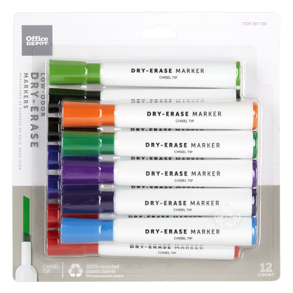 Office Depot Brand Low-Odor Dry-Erase Markers, Chisel Point, 100% Recycled Plastic Barrel, Assorted Colors, Pack Of 12