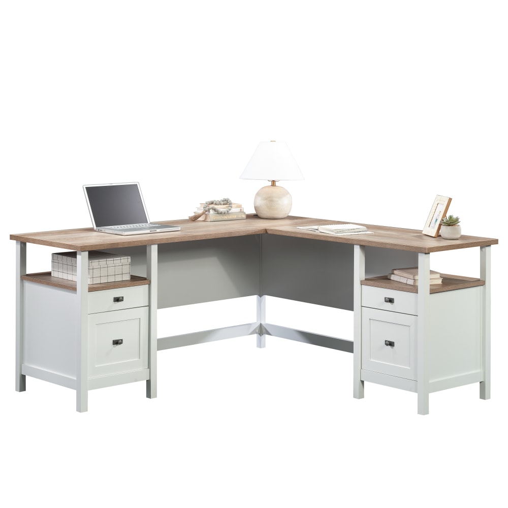 Sauder Cottage Road 65inW L Computer Desk With Drawers, White/Lintel Oak