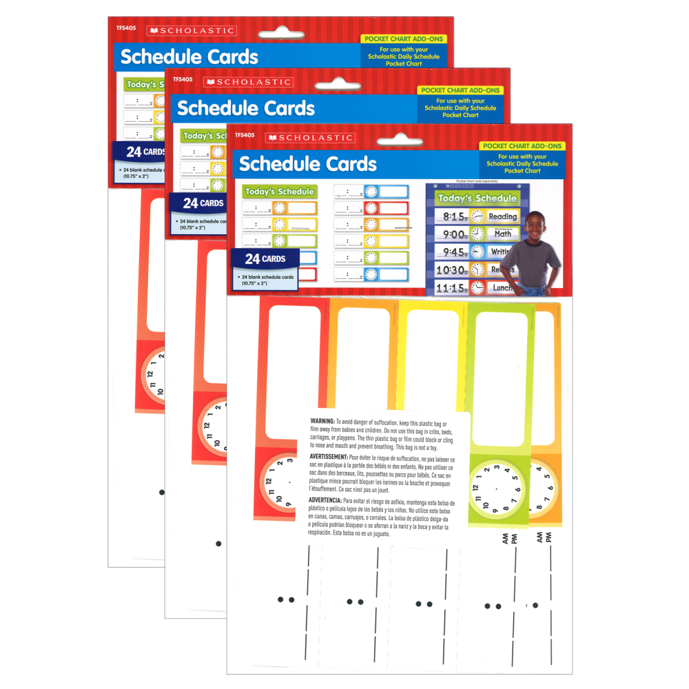 Scholastic Teacher Resources Schedule Cards, Pocket Chart Add-Ons, 2in x 10-3/4in, Assorted Colors, 24 Cards Per Pack, Set Of 3 Packs