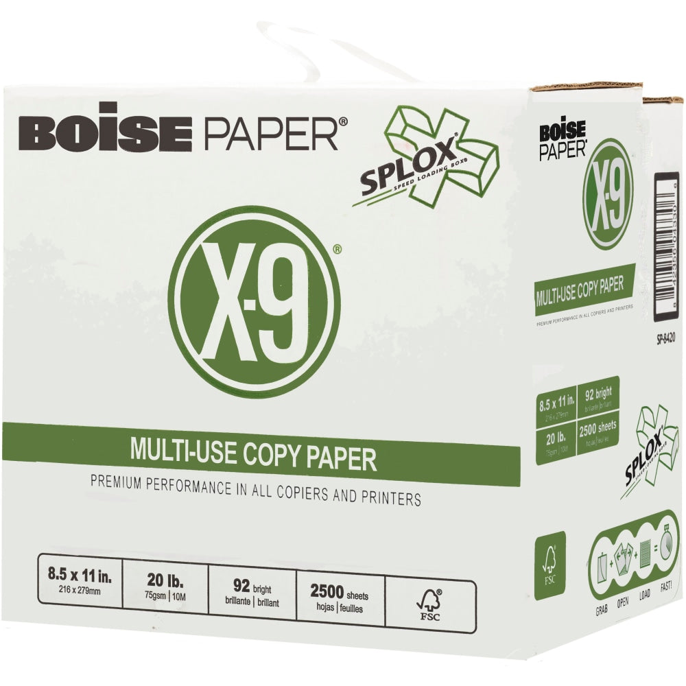 Boise X-9 SPLOX Reamless Multi-Use Printer & Copy Paper, White, Letter (8.5in x 11in), 2500 Sheets Per Case, 20 Lb, 92 Brightness, Case Of 5 Reams