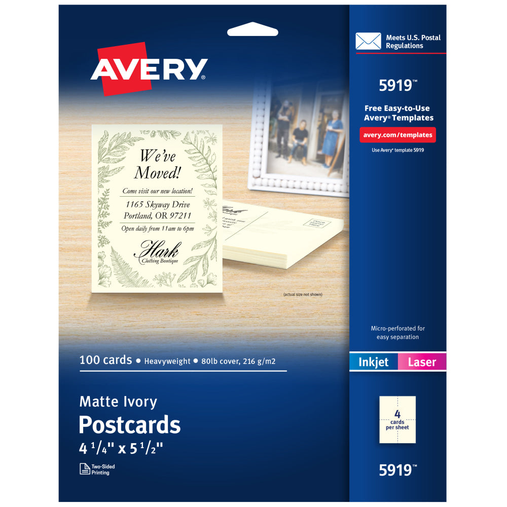 Avery Printable Postcards, 4.25in x 5.5in, Ivory, 100 Blank Postcards For Laser And Inkjet Printers