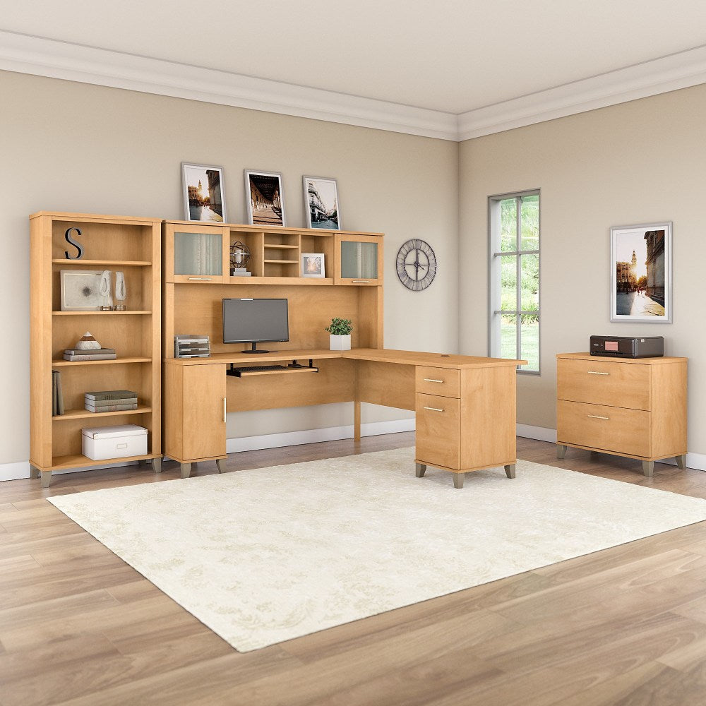 Bush Furniture Somerset 72inW L Shaped Desk With Hutch, Lateral File Cabinet And Bookcase, Maple Cross, Standard Delivery