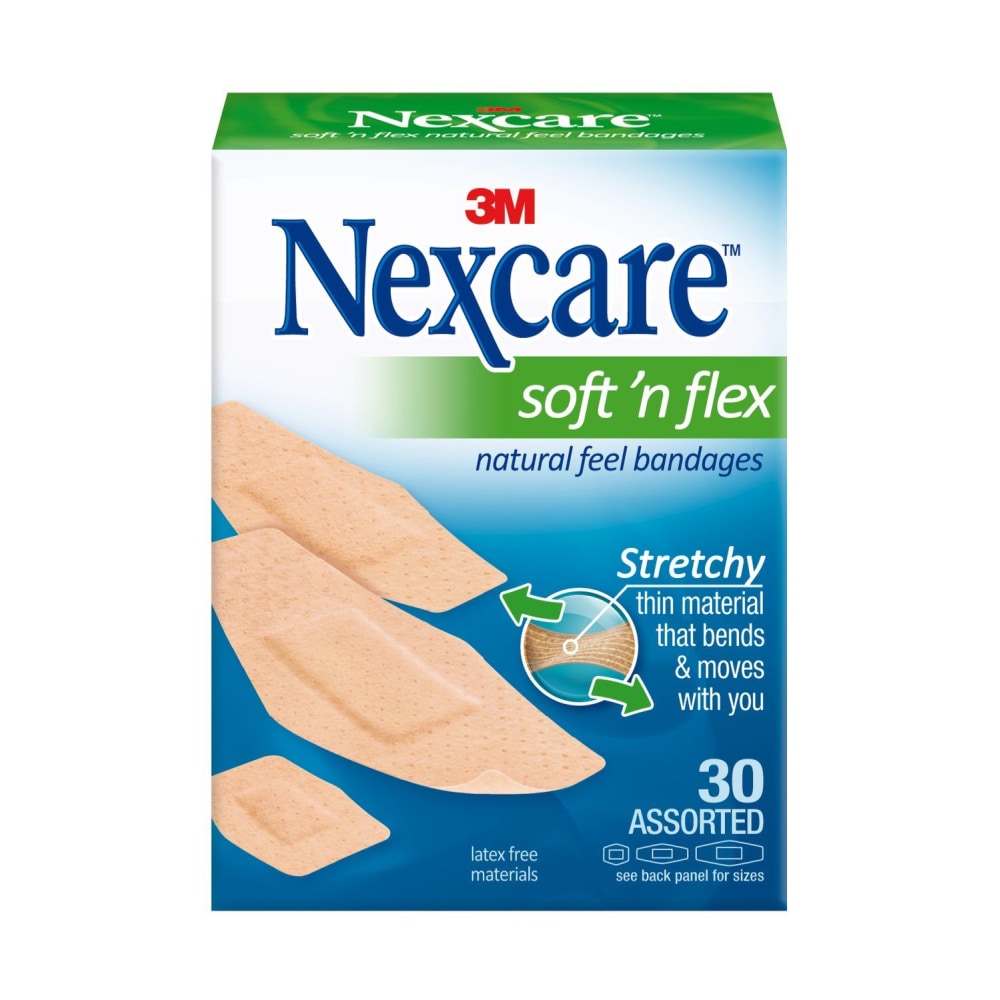 Nexcare Soft N Flex Fabric Bandages, Assorted Sizes, Tan, Box Of 30