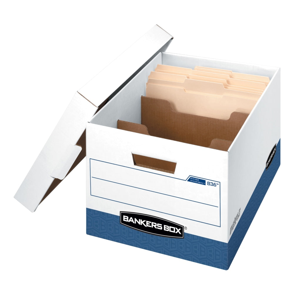 Bankers Box R Kive DividerBox Heavy-Duty FastFold File Storage Boxes With Locking Lift-Off Lids And Built-In Handles, Letter/Legal Size,  10inH x 12W x 15inD, 60% Recycled, White/Blue, Case Of 12