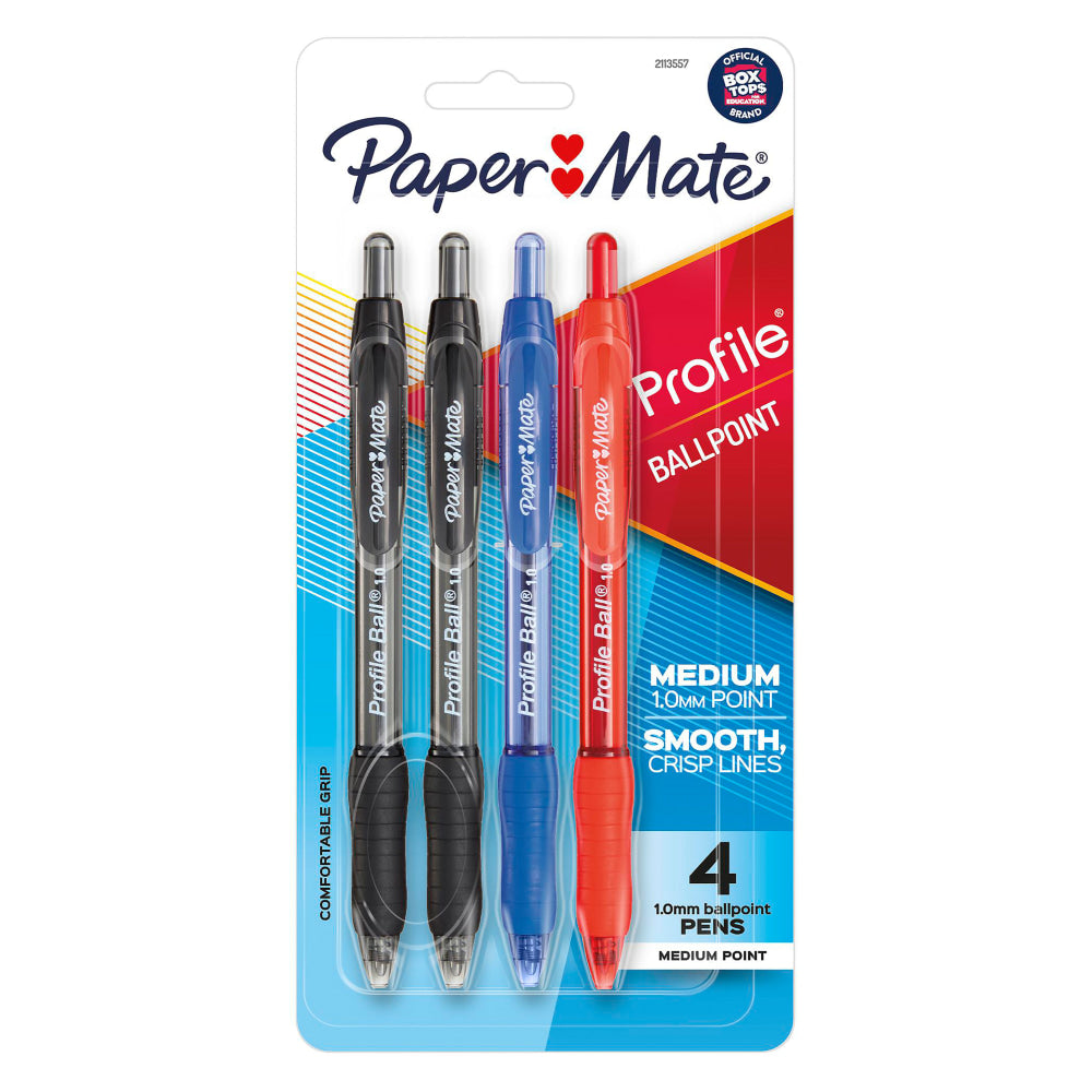 Paper Mate Ballpoint Pen, Profile Retractable Pen, Medium Point (1.0mm), Assorted, 4 Count