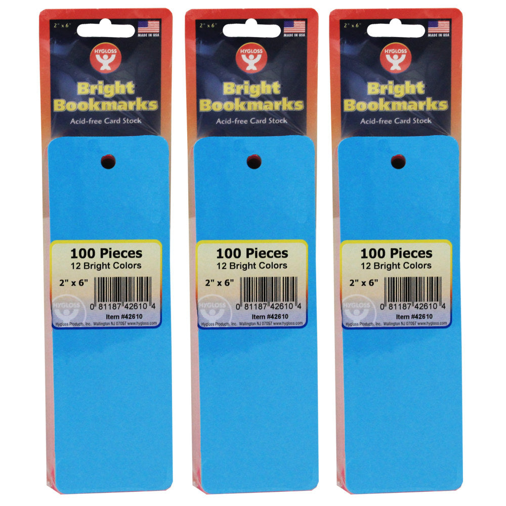 Hygloss Mighty Bright Bookmarks, 6in x 2in, Assorted Colors, 100 Bookmarks Per Pack, Set Of 3 Packs