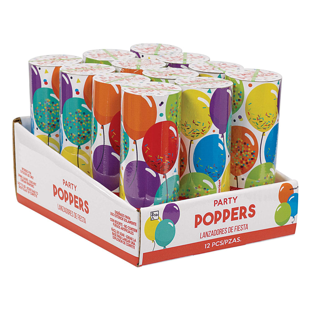 Amscan Birthday Celebration Confetti Poppers, 4-1/2in x 1-1/2in, Multicolor, Pack Of 12 Poppers