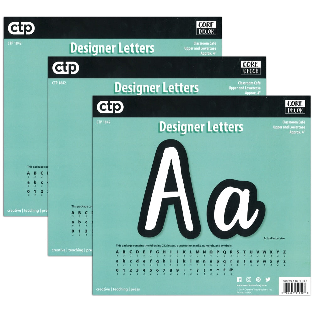 Creative Teaching Press Designer Letters, 4in, Bold And Bright Classroom Cafe, 212 Pieces Per Pack, Set Of 3 Packs