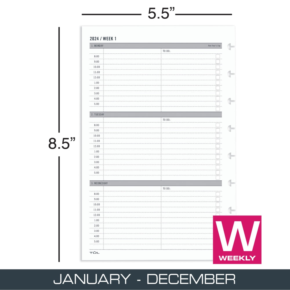 2024 TUL Discbound Weekly Planner Refill Pages, Hourly Appointment Times, Junior Size, January To December