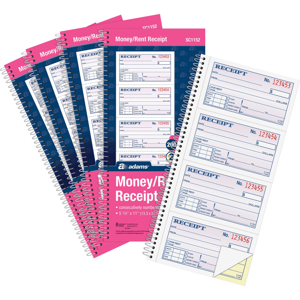 Adams Spiral 2-part Money/Rent Receipt Book - 200 Sheet(s) - Spiral Bound - 2 Part - 11in x 5.25in Form Size - White, Canary - Assorted Sheet(s) - 5 / Pack