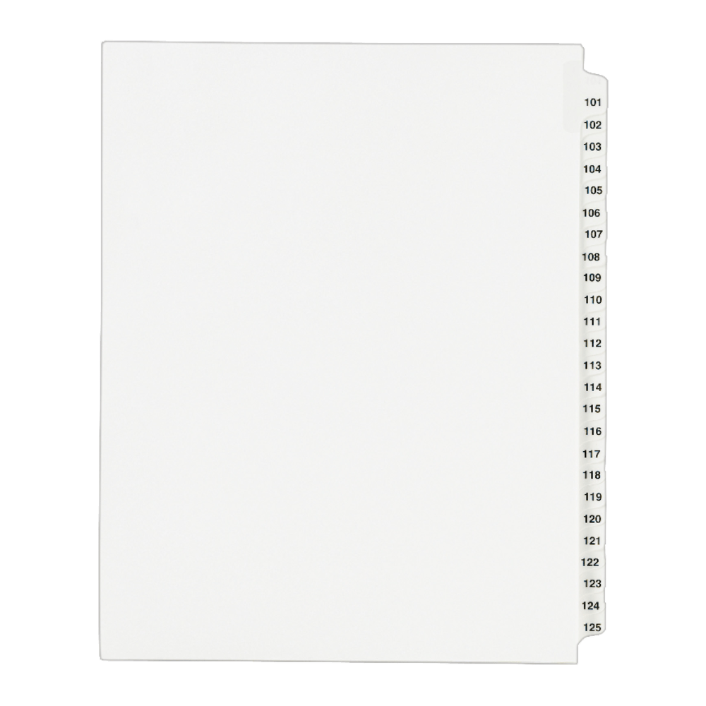 Avery Standard Unpunched Preprinted Reinforced Tab Dividers, 8.5in x11in, 20% Post-Consumer Material, White, Tabs Printed 101-125, Pack of 25