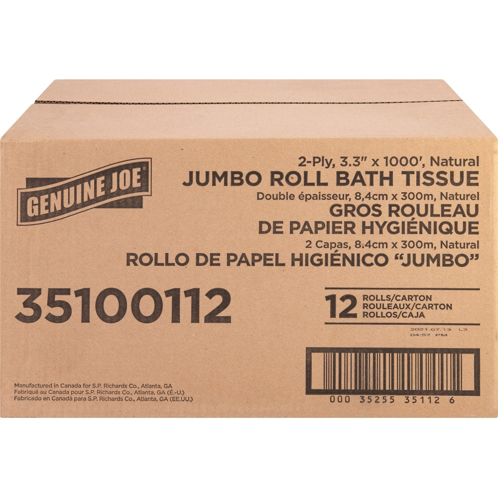 Genuine Joe Jumbo Jr Dispenser Bath Tissue Roll - 2 Ply - 3.30in x 1000 ft - 8.88in Roll Diameter - White - Fiber - 12 / Carton