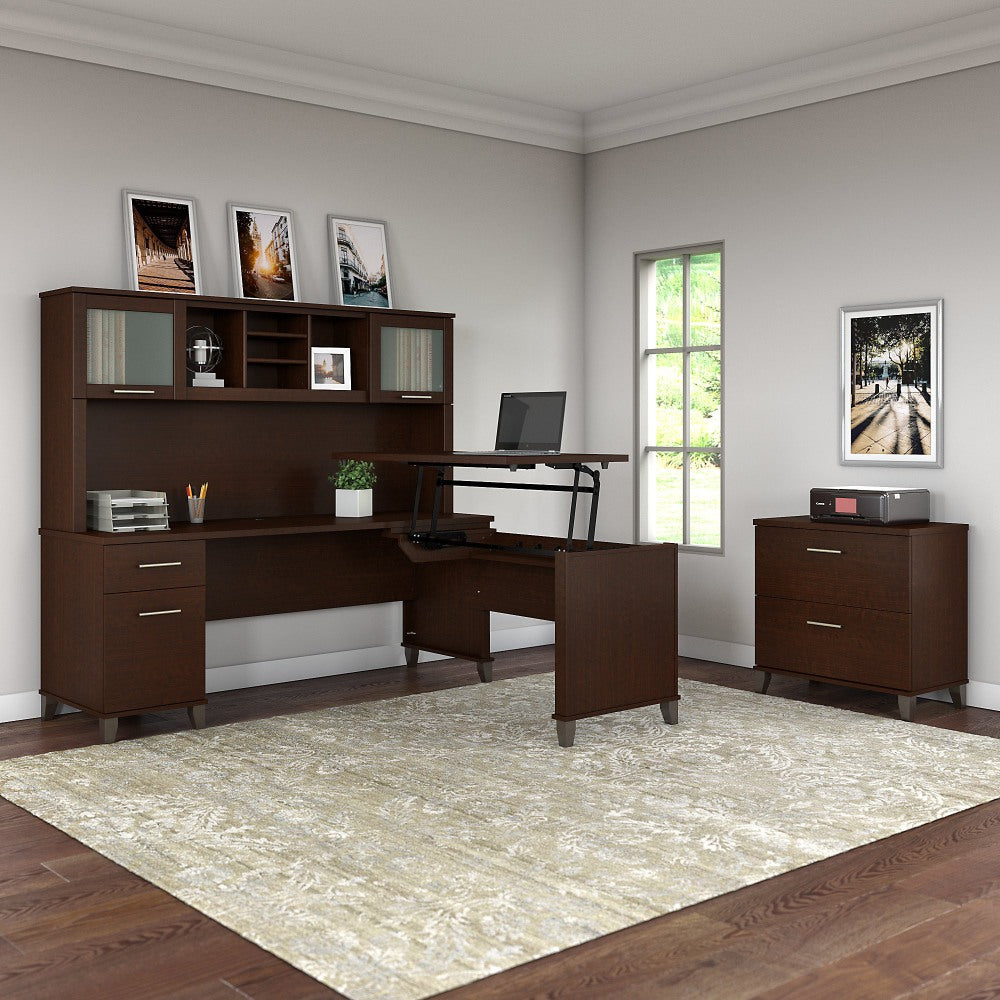 Bush Furniture Somerset 72inW 3 Position Sit to Stand L Shaped Desk With Hutch And File Cabinet, Mocha Cherry, Standard Delivery