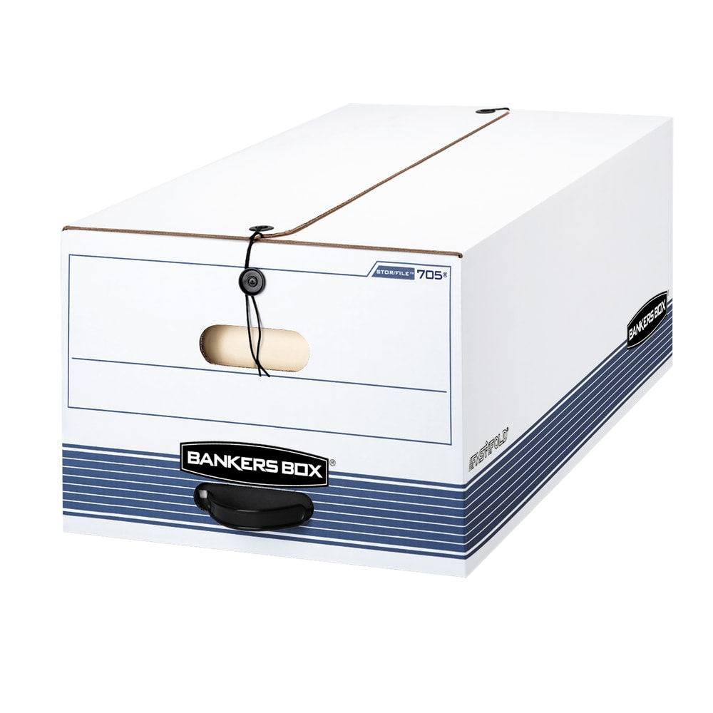 Bankers Box Stor/File Medium-Duty Storage Boxes With String & Button Closure, Built-In Handles, Legal Size, 24in x 15in x 10in, 60% Recycled, White/Blue, Case Of 12