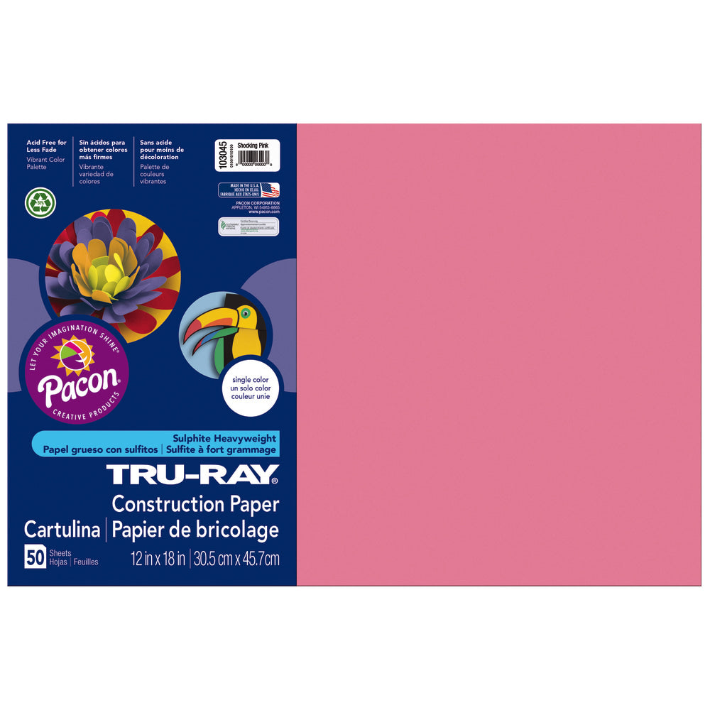 Tru-Ray Construction Paper, 50% Recycled, 12in x 18in, Shocking Pink, Pack Of 50