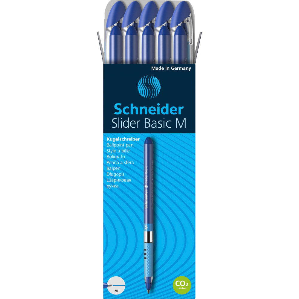 Rediform Schneider Slider Basic M Ballpoint Pens, Medium Point, 1.0 mm, Blue/Silver Barrels, Blue Ink, Pack Of 10 Pens