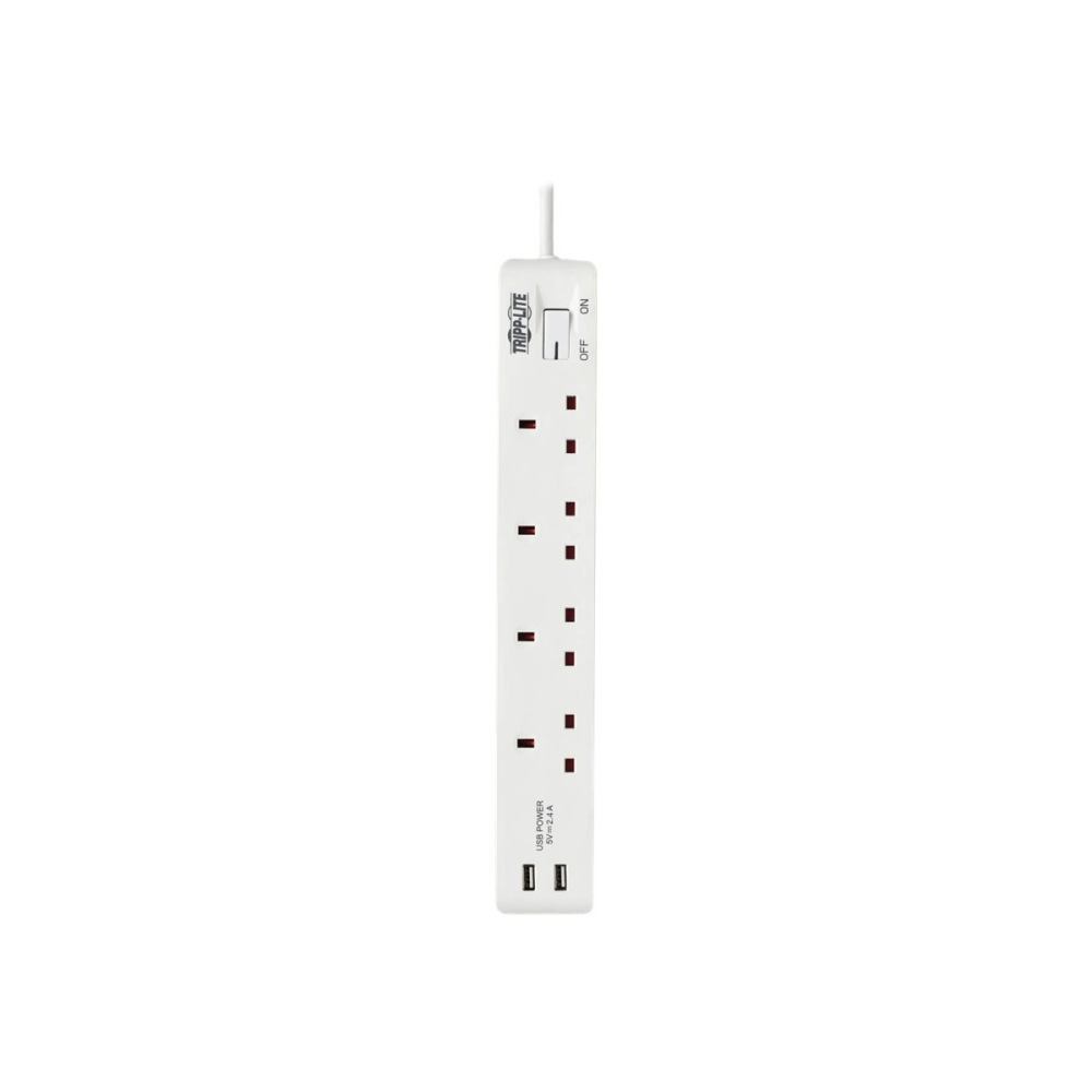 Tripp Lite 4-Outlet Power Strip with USB-A Charging - BS1363A Outlets, 220-250V, 13A, 1.8 m Cord, BS1363A Plug, White - Power strip - 13 A - AC 230 V - input: BS 1363A - output connectors: 4 (2 x USB, 4 x BS 1363A) - 6 ft cord - white