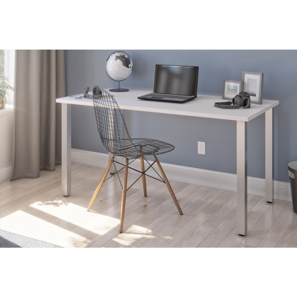 Bestar Universal 60inW Table Computer Desk With Square Metal Legs, White