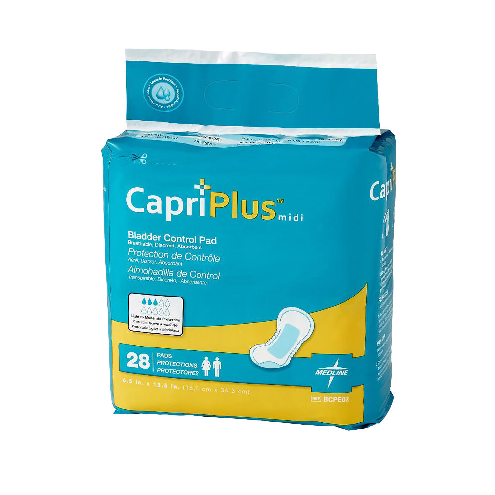 Medline Capri Plus Bladder Control Pad Incontinent Liners, Extra Plus, 6 1/2in x 13 1/2in, White, Case Of 28