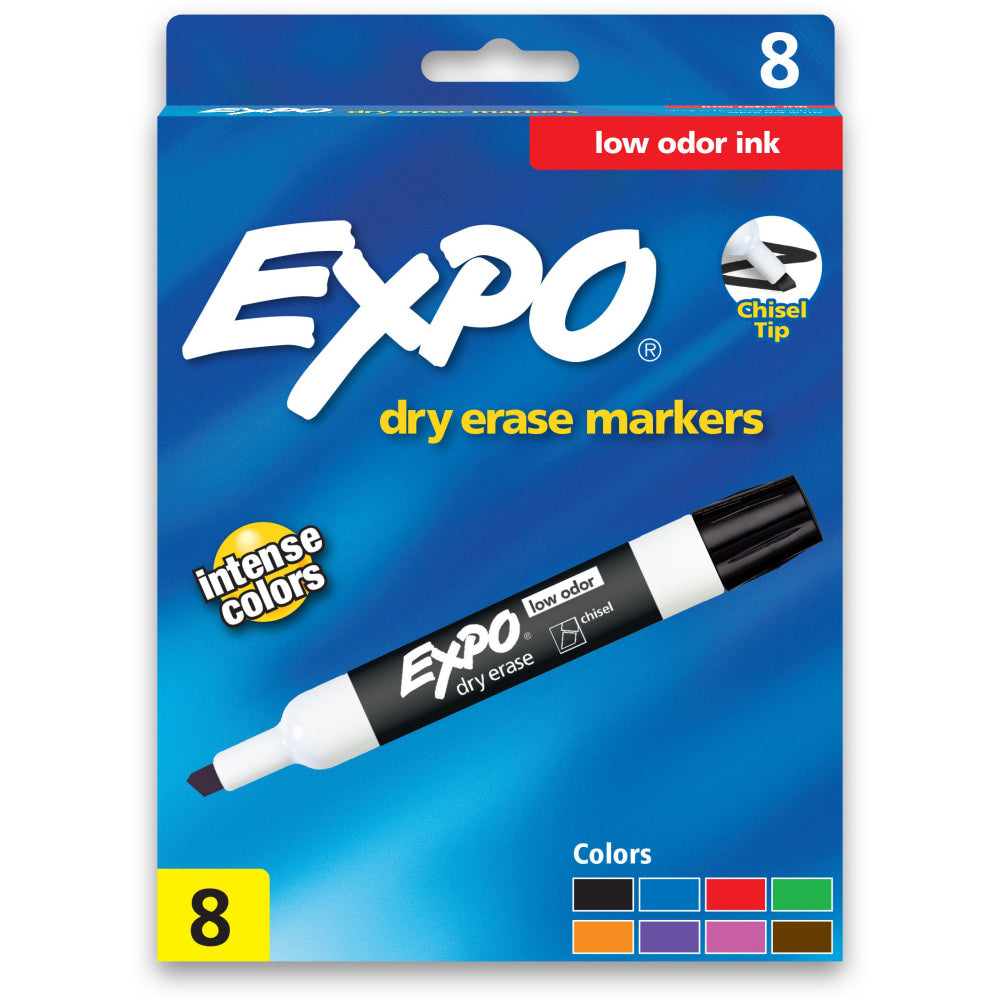 EXPO Low-Odor Dry-Erase Markers, Chisel Point, Assorted Colors, Pack Of 8